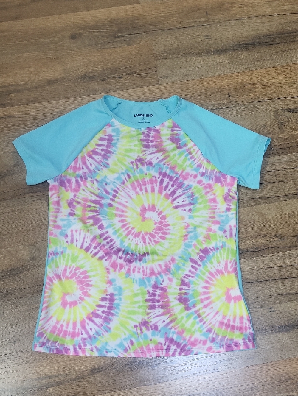 LANDS' END Chlorine Resistant Short Sleeve Crew Neck Swim Rash Guard Shirt